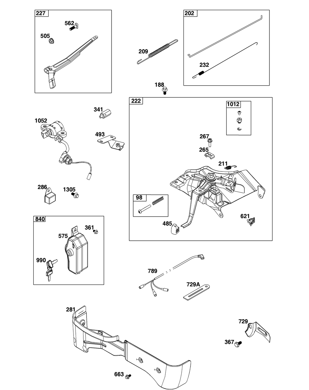 Controls Group Diagram and Parts List for 25T237-0036-H5 200000 - 399999 Briggs and Stratton Engine